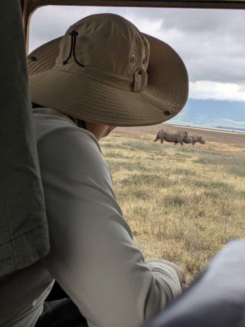 A guest watching a black rhino from the window of the safari vehicle in the Ngorongoro Crater